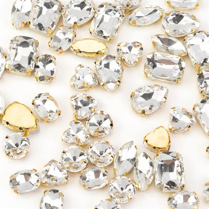 Choupee 48PCS Big Sew On Glass Rhinestone Gold Metal Back Sew on Gems Jewels Mixed Shapes for Costume Clothes Garments Dress Earring Belt and Shoes
