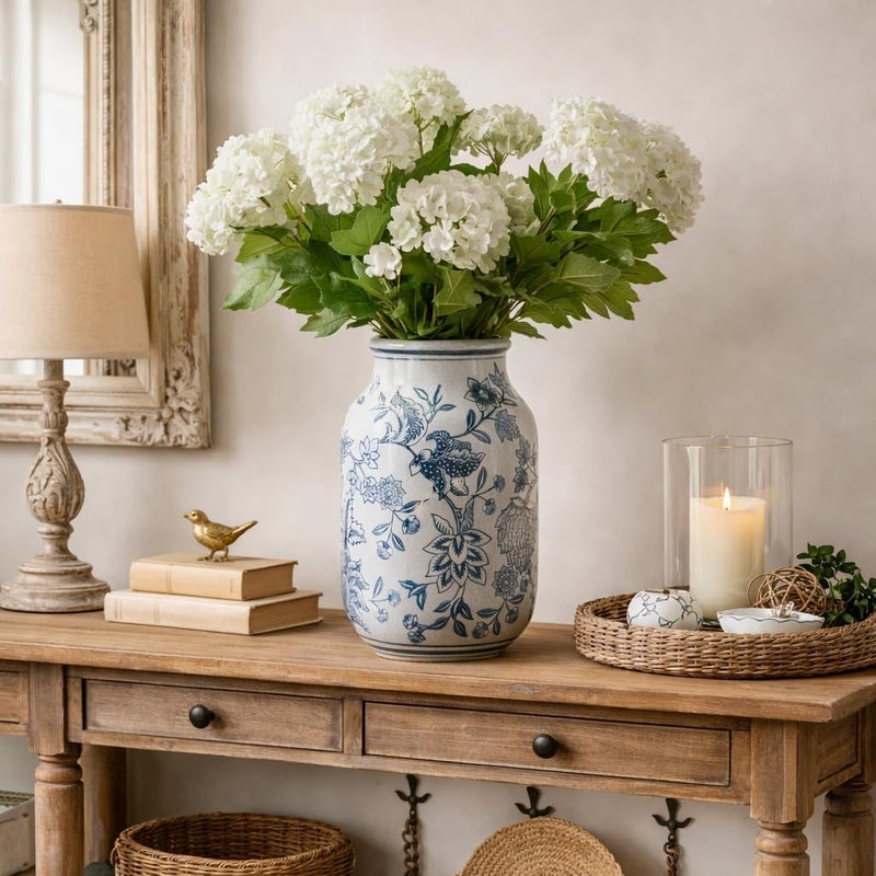 SIDUCAL Low dust buildup Blue and White Vintage Vase, 9.4 Inch Ceramic Chinoiserie Floral Vase, Retro Ice Cracked Blue and White Porcelain for Home Decor Centerpieces, Living Room, Bookshelf, Office Freeze crack proof - Image 2