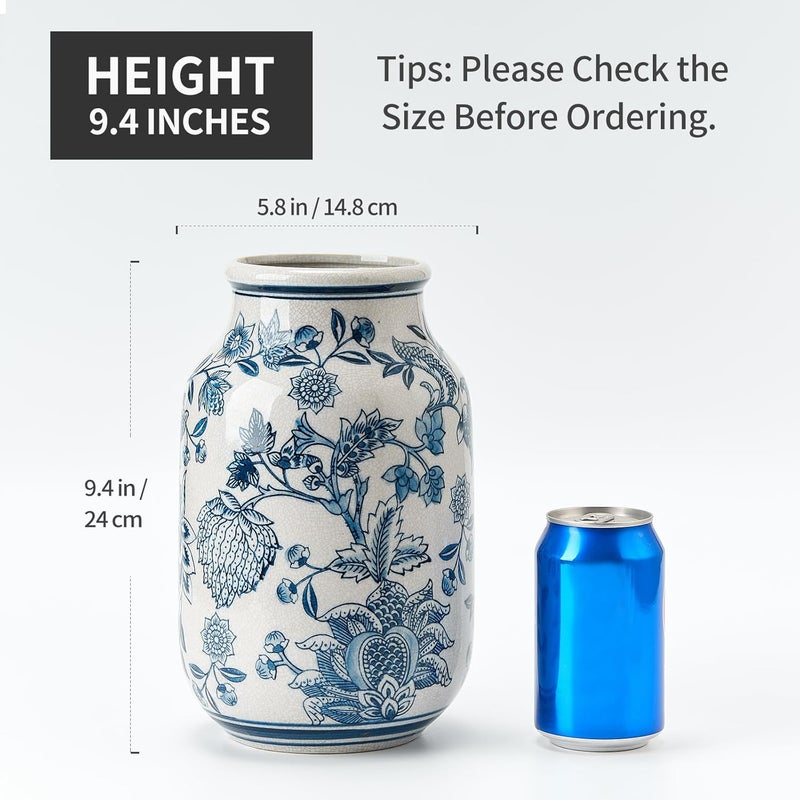 SIDUCAL Low dust buildup Blue and White Vintage Vase, 9.4 Inch Ceramic Chinoiserie Floral Vase, Retro Ice Cracked Blue and White Porcelain for Home Decor Centerpieces, Living Room, Bookshelf, Office Freeze crack proof - Image 3