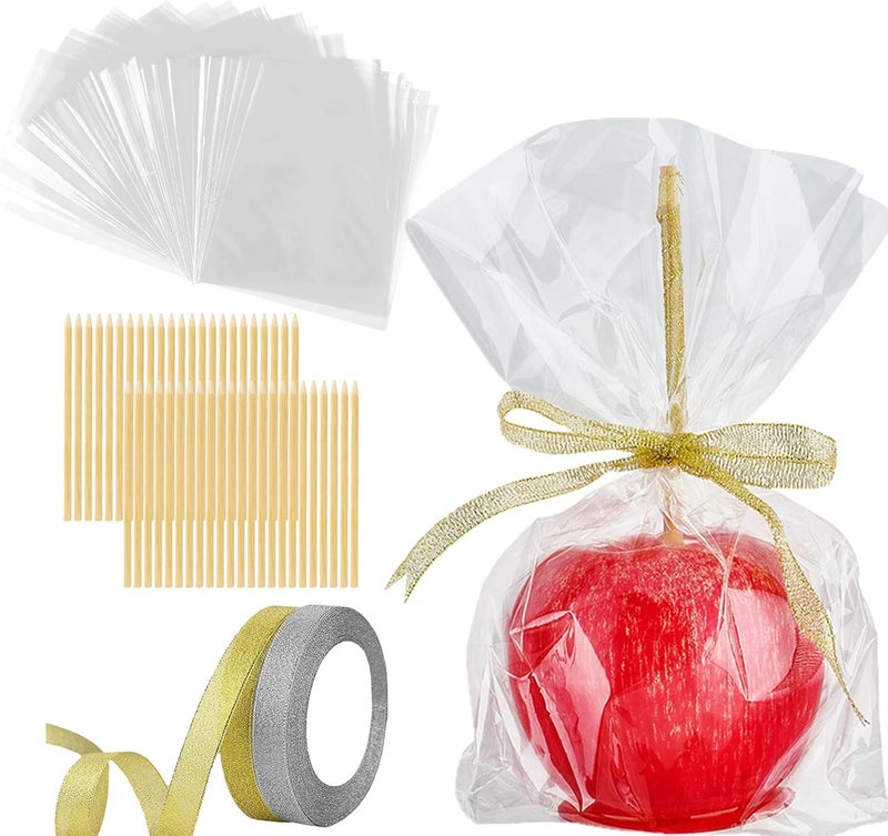 Ocmoiy DIY Candy Apple Kits - 100 Pcs Sticks and Bags With 50 Yard Gold and Silver Glitter Ribbons for Large Caramel Apple Lollipop Making Packaging Supplies - Image 1