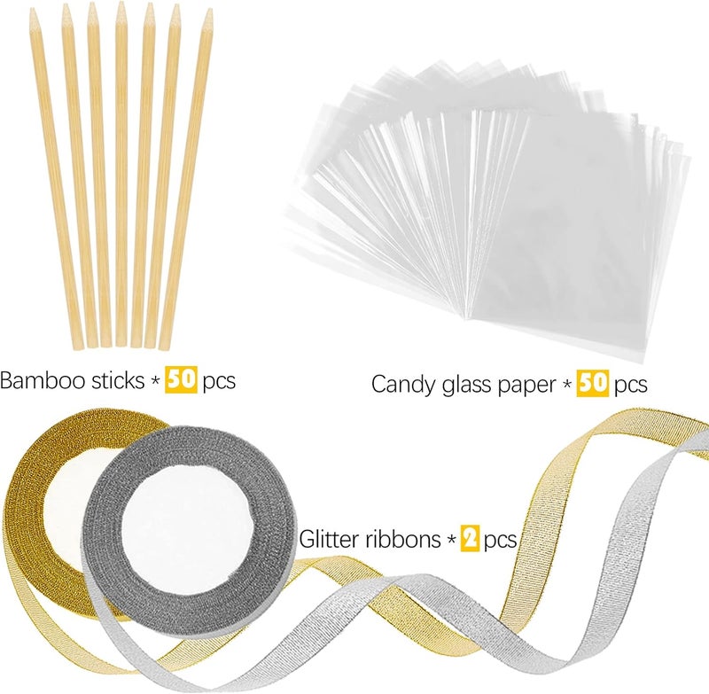 Ocmoiy DIY Candy Apple Kits - 100 Pcs Sticks and Bags With 50 Yard Gold and Silver Glitter Ribbons for Large Caramel Apple Lollipop Making Packaging Supplies - Image 3