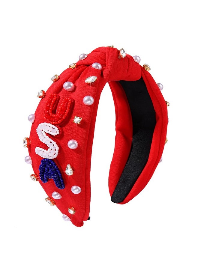 CEALXHENY - 4Th Of July Headbands For Women Crystal Pearl Knotted Headbands American Flag Patriotic Usa Headbands 4Th Of July Outfits Hair Accessory Memorial Independence Day Party Favors (Usared) - Image 1
