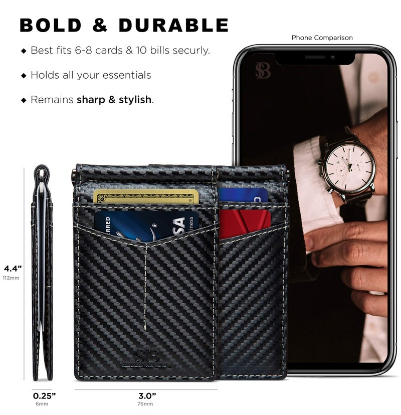 SERMAN BRANDS RFID Blocking Wallet Slim Bifold - Genuine Leather Minimalist Front Pocket Wallets for Men with Money Clip Gift (Modern Black) - Image 3