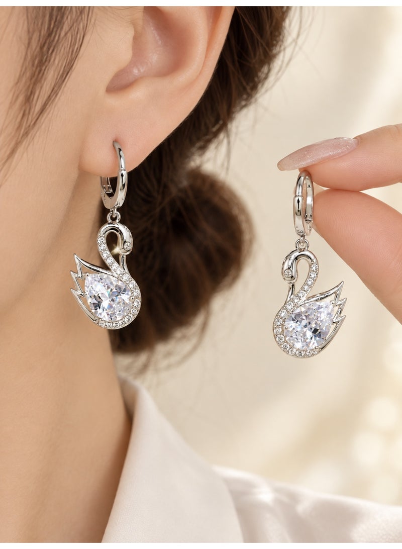 MSQ Swan Dangle Earrings for Women, Spring Hoop Closure with Sparkling Rhinestone Details for Daily Outfits and Occasions (Silver Color) - Image 1