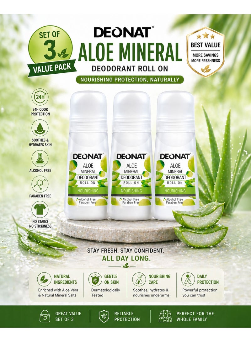 DEONAT Aloe Mineral Deodorant Roll On Nourishing with Aloe Vera Extract Hydrating Soothing Underarm Care Odor Protection Natural Mineral Deodorant Anti Bacterial Long Lasting Freshness Gentle Skin Care for Men and Women Daily Use Sensitive Skin 65 ml Pack of 3 - Image 1