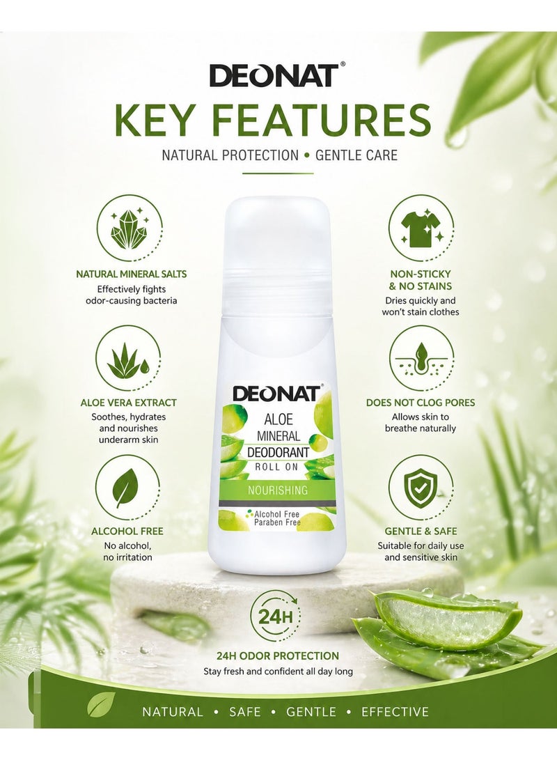 DEONAT Aloe Mineral Deodorant Roll On Nourishing with Aloe Vera Extract Hydrating Soothing Underarm Care Odor Protection Natural Mineral Deodorant Anti Bacterial Long Lasting Freshness Gentle Skin Care for Men and Women Daily Use Sensitive Skin 65 ml Pack of 3 - Image 2