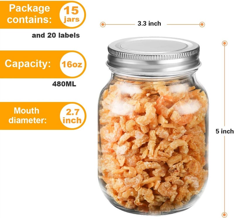 Rainforce 16 oz Mason Jars With Lids Regular Mouth 15 Pack-16oz Glass Jars with Silver Lids,Bulk Pint Clear Glass Jars For Meal Prep, Food Storage With 20 Labels - Image 4