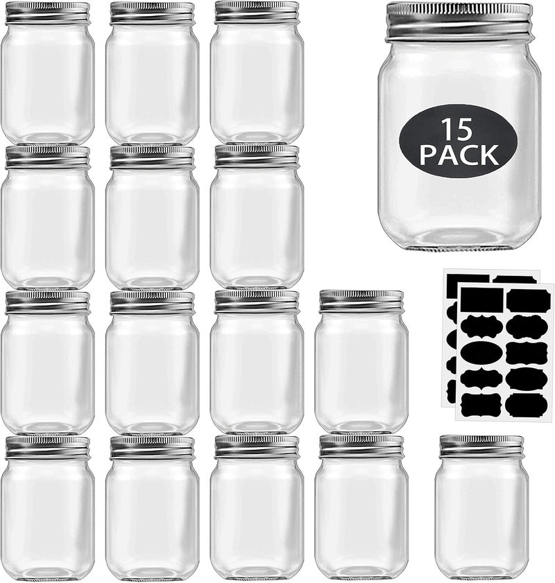 Rainforce 16 oz Mason Jars With Lids Regular Mouth 15 Pack-16oz Glass Jars with Silver Lids,Bulk Pint Clear Glass Jars For Meal Prep, Food Storage With 20 Labels - Image 1