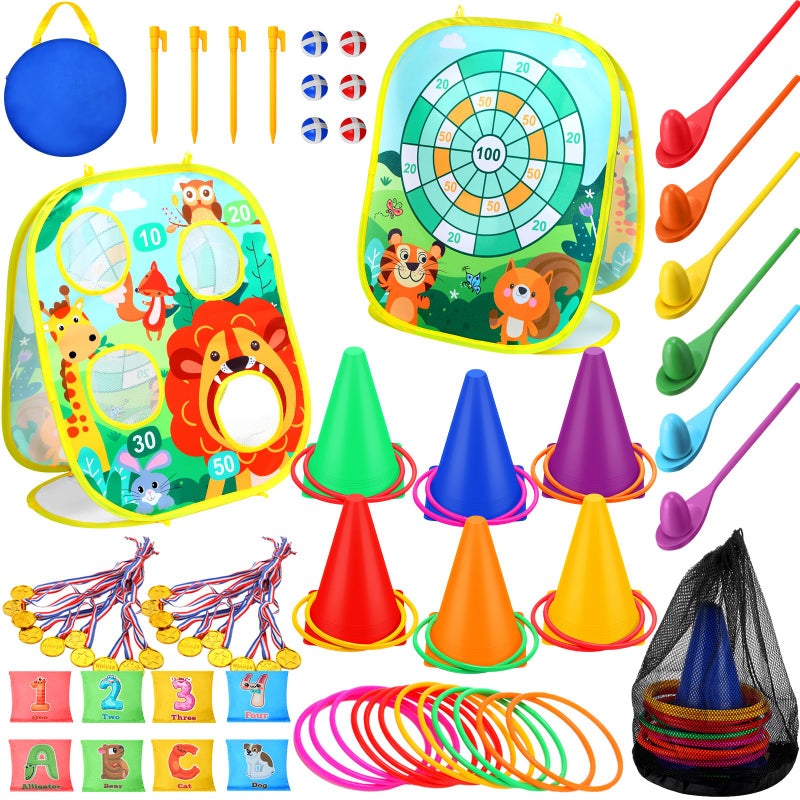 Yunsailing 63 Pcs Carnival Outdoor Games Set for Kids Include Animal Bean Bag Toss Plastic Cones Bean Bags Ring Toss Egg and Spoon Race Field Yard Lawn Outdoor Game Gift for Birthday Party - Image 2