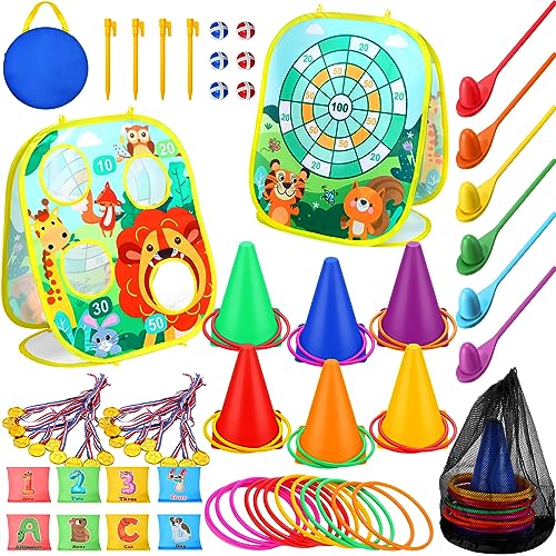 Yunsailing 63 Pcs Carnival Outdoor Games Set for Kids Include Animal Bean Bag Toss Plastic Cones Bean Bags Ring Toss Egg and Spoon Race Field Yard Lawn Outdoor Game Gift for Birthday Party - Image 1
