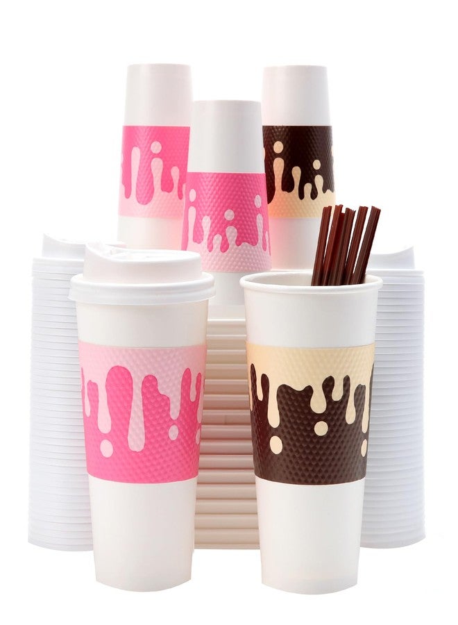 Tamone 48 PACK 16OZ Disposable Coffee Cups with Lids, Sleeves and Stirrers, Pink and Brown 16OZ Paper Cups To Go Coffee Cups with Lids Leak Proof, White Paper Cups for Cold/Hot Beverage Chocolate - Image 1