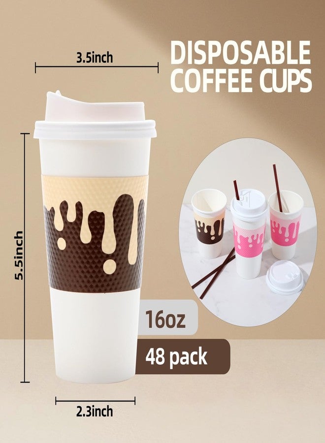 Tamone 48 PACK 16OZ Disposable Coffee Cups with Lids, Sleeves and Stirrers, Pink and Brown 16OZ Paper Cups To Go Coffee Cups with Lids Leak Proof, White Paper Cups for Cold/Hot Beverage Chocolate - Image 3