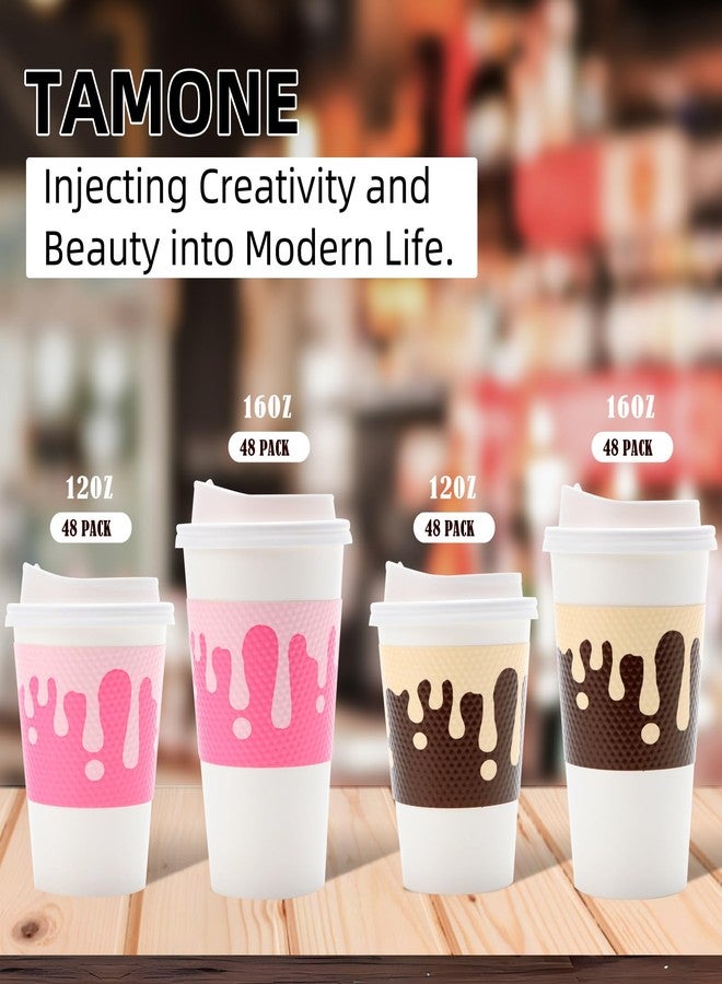 Tamone 48 PACK 16OZ Disposable Coffee Cups with Lids, Sleeves and Stirrers, Pink and Brown 16OZ Paper Cups To Go Coffee Cups with Lids Leak Proof, White Paper Cups for Cold/Hot Beverage Chocolate - Image 5