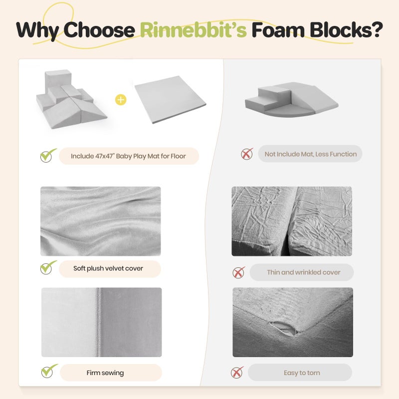 Rinnebbit 6-Piece Foam Climbing Blocks for Toddlers, Climb and Crawl Soft Foam Play Set with 47x47 Inch Baby Play Mat for Floor, Machine Washable Cover, Soft Climbing Toys for Toddlers 1-3 (Gray) - Image 4