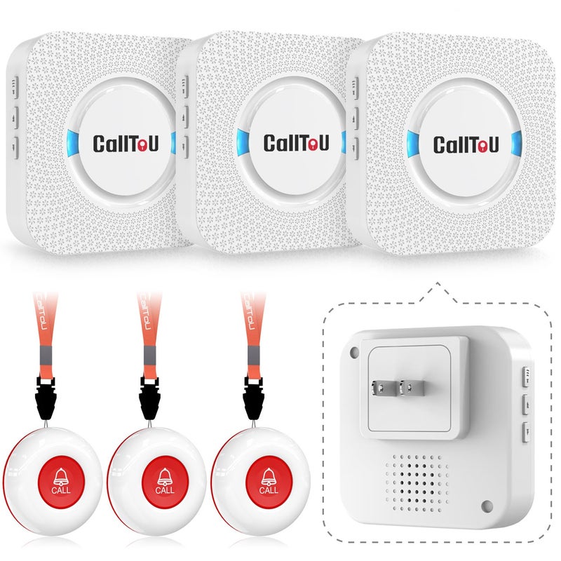 CallToU Caregiver Pager Elderly Alert Call Button for Seniors Smart Patient Call Bell Wireless Emergency Button System Adult Monitors at Home 3 Plugin Receivers 3 Waterproof Portable Transmitters - Image 1