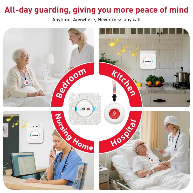 CallToU Caregiver Pager Elderly Alert Call Button for Seniors Smart Patient Call Bell Wireless Emergency Button System Adult Monitors at Home 3 Plugin Receivers 3 Waterproof Portable Transmitters - Image 3