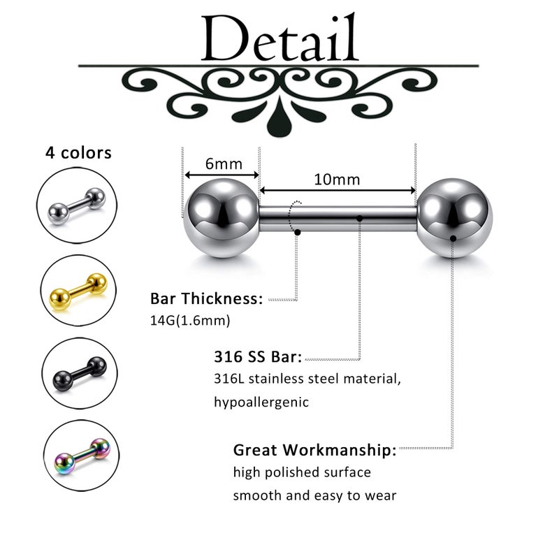 Zysta Stainless Steel 14G Body Piercing Barbells Silver Gold Black Rainbow Color 10mm Post Studs Earring Nipple Nose Tongue Helix Tragus Cartilage Labaret Medusa Lip Eyebrow Straight Bar 6mm Ball Screw - Image 2