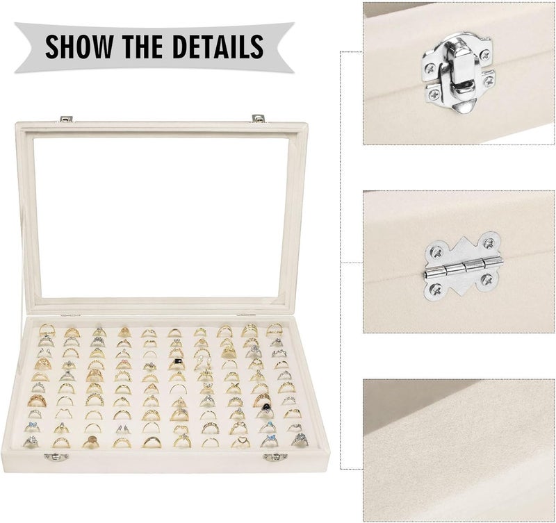Siveit Velvet Ring Display Tray Organizer Box with Transparent Lid, 100 Slot Ring Holder Showcase For Store Display Jewelry Show Home, Ring Organizer For Rings Earrings (Beige) - Image 4
