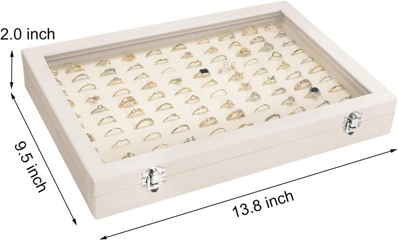 Siveit Velvet Ring Display Tray Organizer Box with Transparent Lid, 100 Slot Ring Holder Showcase For Store Display Jewelry Show Home, Ring Organizer For Rings Earrings (Beige) - Image 3