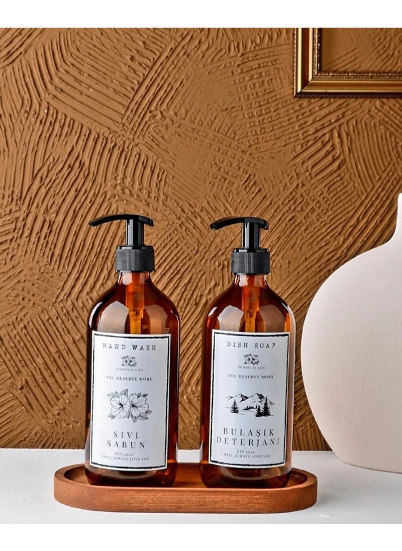 Kitchen Pembelia Set of 2 500ML Amber Glass Soap Dispensers with Wooden Stand  - Image 1