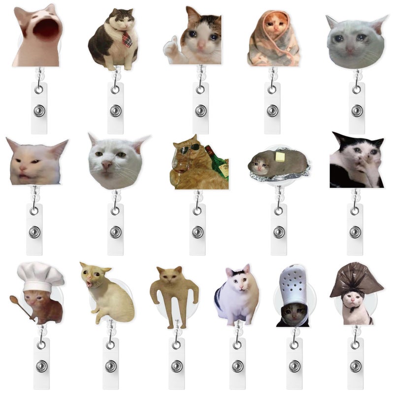 Eartim Funny Cat Meme Badge Reel - 16Pcs Realistic Cute Meme Cat Acrylic Retractable ID Badge with Metal Clip Name Tags Holder for Nurse Pet Lover Office Staff Student Birthday Gift Party Favor Supply - Image 1