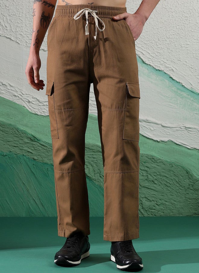 POPCULTR Khaki Loose Fit Cargos Trousers for Men - Image 1