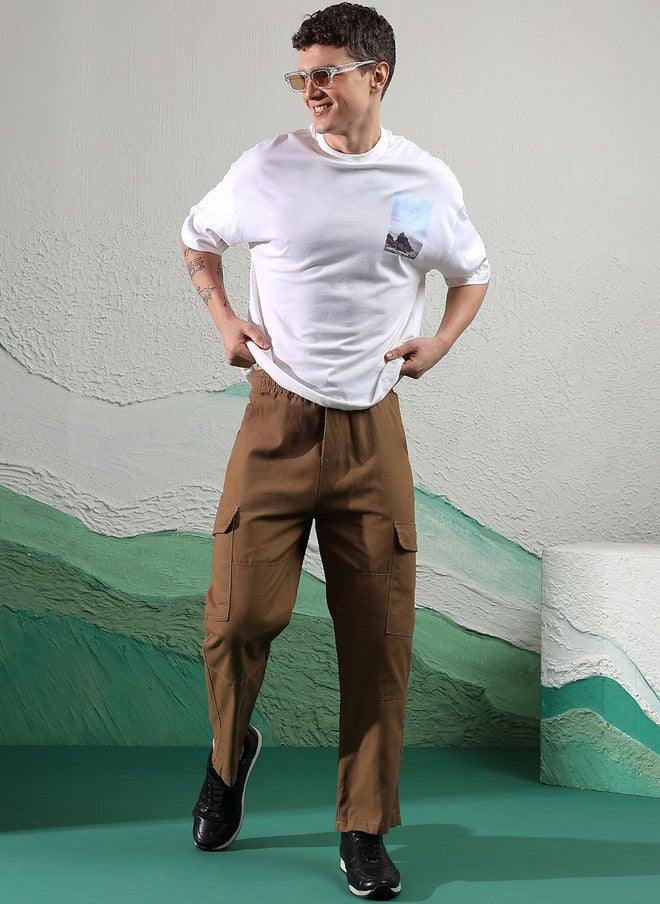 POPCULTR Khaki Loose Fit Cargos Trousers for Men - Image 5