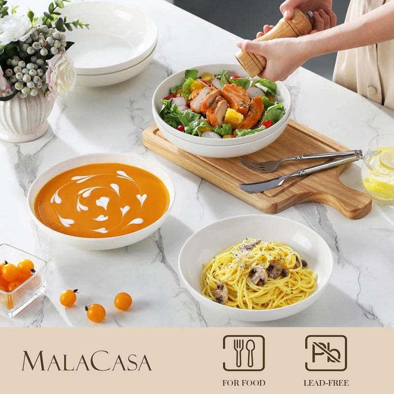 MALACASA مالاكاسا 885 أطباق باستا كبيرة 42 أونصة أطباق سلطة أطباق حساء أطباق تقديم بورسلين مجموعة من 4 أطباق كبيرة لمطبخ أطباق باستا آمنة للاستخدام في الميكروويف وغسالة الصحون سلسلة عادية - Image 3