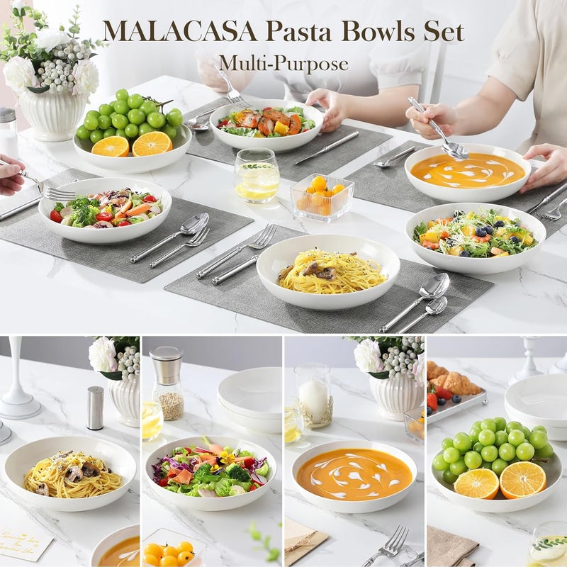 MALACASA مالاكاسا 885 أطباق باستا كبيرة 42 أونصة أطباق سلطة أطباق حساء أطباق تقديم بورسلين مجموعة من 4 أطباق كبيرة لمطبخ أطباق باستا آمنة للاستخدام في الميكروويف وغسالة الصحون سلسلة عادية - Image 5