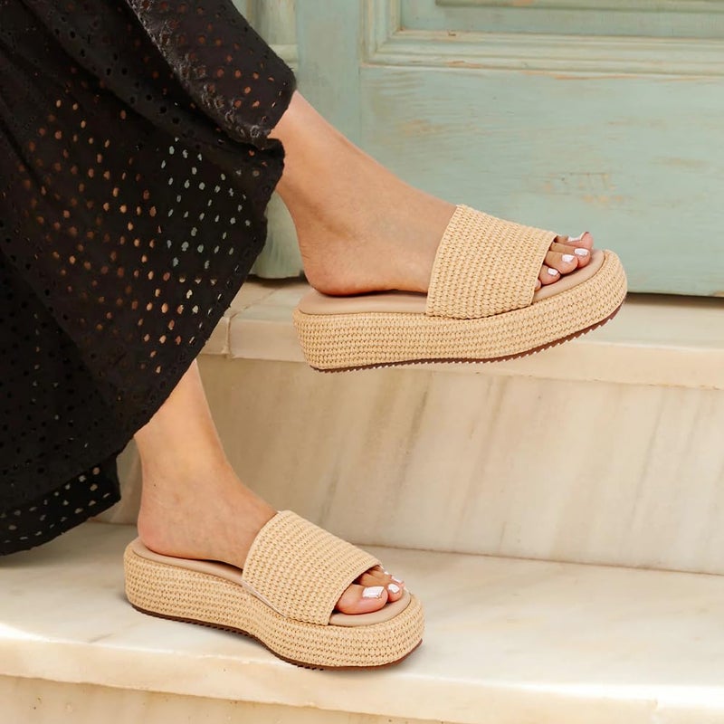 EQAUDES Wedge Platform Sandals for Women Platform & Wedge Sandals Espadrilles for Women Cute Beige Beach Straw Raffia Sandals Comfortable Sandal Size 7 - Image 2