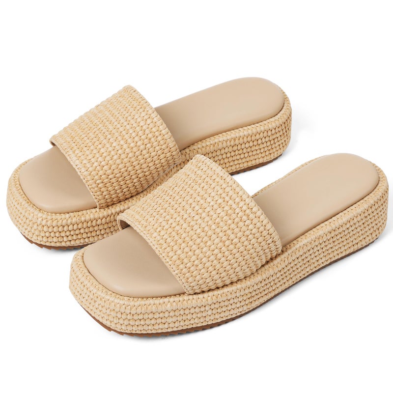 EQAUDES Wedge Platform Sandals for Women Platform & Wedge Sandals Espadrilles for Women Cute Beige Beach Straw Raffia Sandals Comfortable Sandal Size 7 - Image 1
