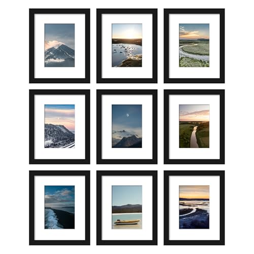 Wiscet 8x10 Picture Frame Set of 9, Display Pictures 5x7 with Mat or 8 x 10 Without Mat, Photo Frame for Wall Mounting or Tabletop, Black - Image 1