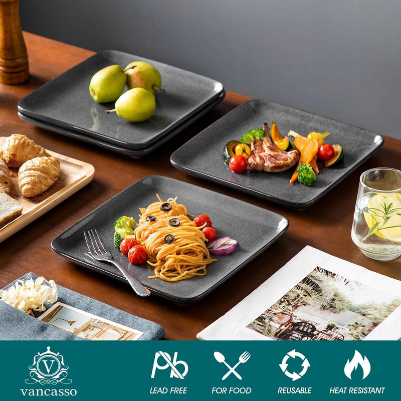 vancasso Stern Gray Dinner Set Square Reactive Glaze Tableware 12 Pieces Kitchen Dinnerware Stoneware Crockery Set with Dinner Plate Dessert Plate Bowl Service for 4 - Image 3