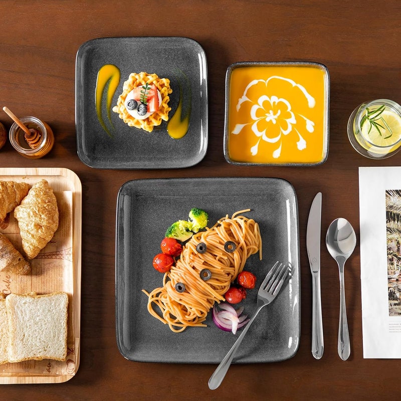 vancasso Stern Gray Dinner Set Square Reactive Glaze Tableware 12 Pieces Kitchen Dinnerware Stoneware Crockery Set with Dinner Plate Dessert Plate Bowl Service for 4 - Image 5