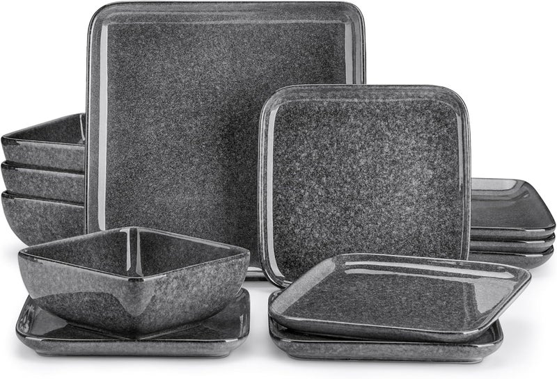 vancasso Stern Gray Dinner Set Square Reactive Glaze Tableware 12 Pieces Kitchen Dinnerware Stoneware Crockery Set with Dinner Plate Dessert Plate Bowl Service for 4 - Image 1