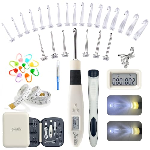 Jeciran 24 Interchangeable Heads Light Up Crochet Hook Set with Digital Stitch Counter, Ergonomic Rechargeable LED Crochet Hooks for Dark Yarn & Arthritic Hands, Knitting Tool Kit,Gifts for Crocheters - Image 1