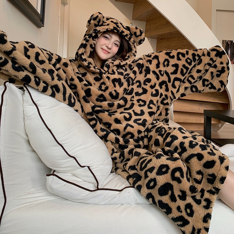 Winter Pajamas Womens New Thick Flannel Warm Extra Long Nightgown Outer Wearing Hooded Nightgown Home Clothes 899-2# - Image 1