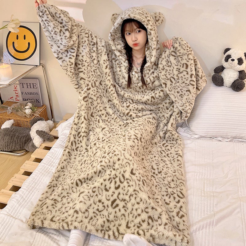Winter Pajamas Womens New Thick Flannel Warm Extra Long Nightgown Outer Wearing Hooded Nightgown Home Clothes 899-2# - Image 3