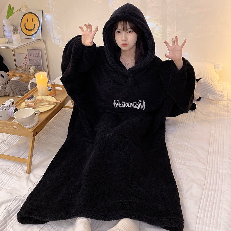 Winter Pajamas Womens New Thick Flannel Warm Extra Long Nightgown Outer Wearing Hooded Nightgown Home Clothes 899-2# - Image 2