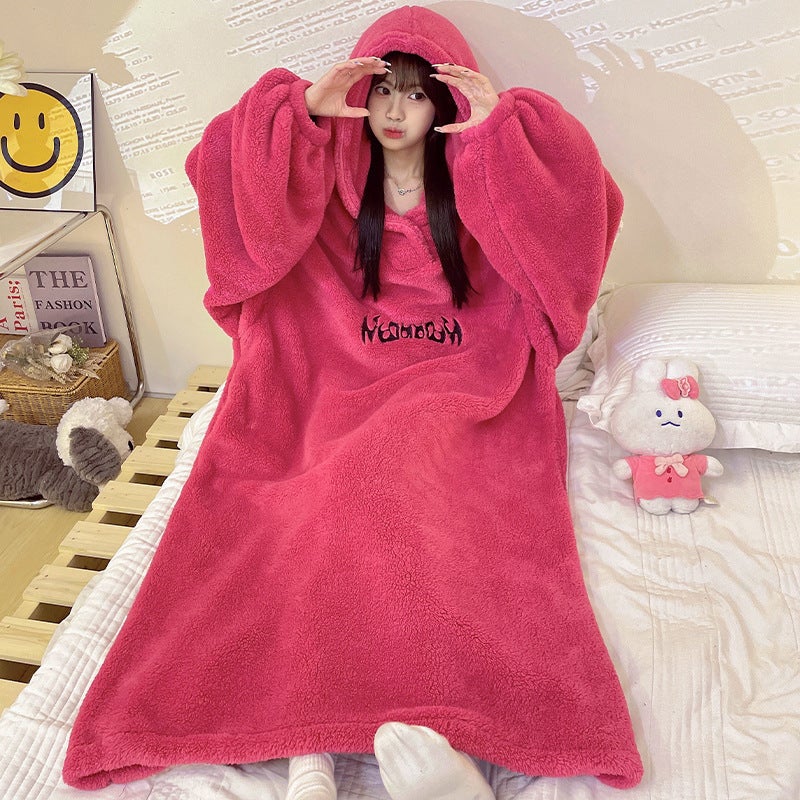 Winter Pajamas Womens New Thick Flannel Warm Extra Long Nightgown Outer Wearing Hooded Nightgown Home Clothes 899-2# - Image 5