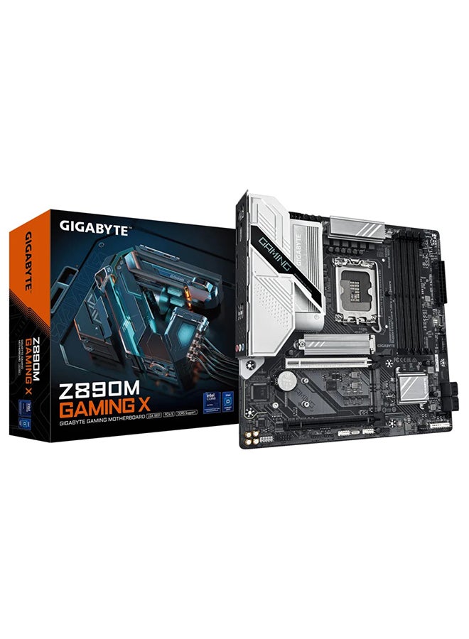 جيجابايت لوحة أم Z890M Gaming X LGA 1851 mATX، شريحة Intel Z890، 4x DDR5 DIMM Slots (حتى 256GB ذاكرة كحد أقصى)، Wi-Fi 6E و BT 5.2، 1x PCIe 5.0 x16، 1x PCIe 4.0 x4، 3x M.2 Slots، 4x SATA 6Gb/s Ports، 2.5GbE LAN، USB 3.2 Gen 2x2، HDMI 2.1 و DisplayPort 2.1، صوت Realtek، RGB Fusion، دعم Crossfire، تصميم حراري متقدم، Q-Flash، نسخ احتياطي ذكي، يدعم Windows 10/11 | Z890M-GAMING-X - Image 1