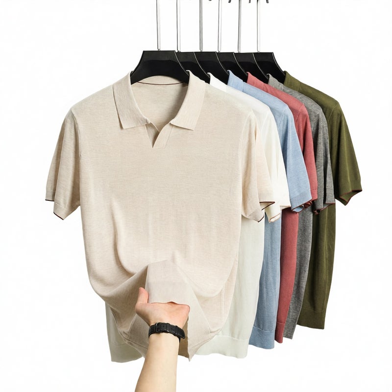 Men's Short Sleeve Polo Shirt with Spread Collar, 100% Lyocell Tencel, Plain Casual Top - Image 1