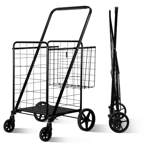 BIEAMA Folding Shopping Cart Grocery Cart 340 Lb Capacity Utility Cart with 360 Rolling Swivel Wheels Large  Extra Basket