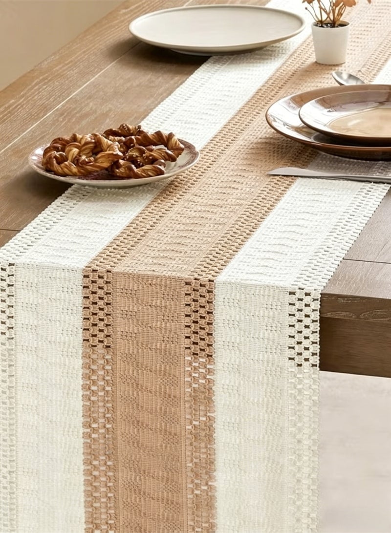 نورليان Boho Table Runner with Tassels, Home Decor Long Farmhouse Rustic Table Runner, Cream & Brown Macrame Runner for Dining & Bedroom Baby Bridal Shower Decor 30*220CM - Image 1