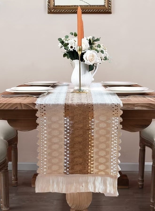 نورليان Boho Table Runner with Tassels, Home Decor Long Farmhouse Rustic Table Runner, Cream & Brown Macrame Runner for Dining & Bedroom Baby Bridal Shower Decor 30*220CM - Image 2