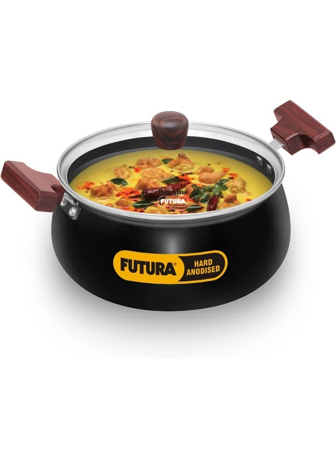 Hawkins Futura 3 Litre Hard Anodised Cook n Serve Handi Cooking Pot / Casserole with Glass Lid for Cooking and Serving, 3.25 mm Thick Base, Wooden handles, Induction Compatible (ACH30G), Black - Image 1