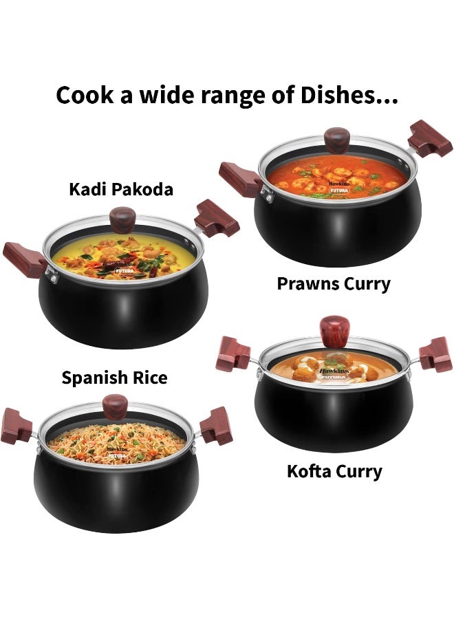 Hawkins Futura 3 Litre Hard Anodised Cook n Serve Handi Cooking Pot / Casserole with Glass Lid for Cooking and Serving, 3.25 mm Thick Base, Wooden handles, Induction Compatible (ACH30G), Black - Image 4