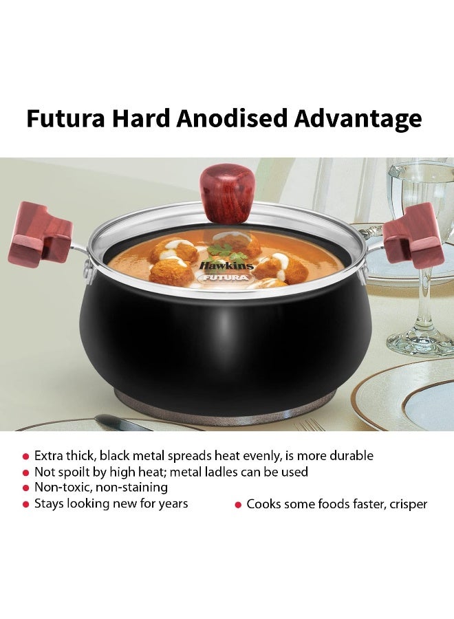 Hawkins Futura 3 Litre Hard Anodised Cook n Serve Handi Cooking Pot / Casserole with Glass Lid for Cooking and Serving, 3.25 mm Thick Base, Wooden handles, Induction Compatible (ACH30G), Black - Image 5