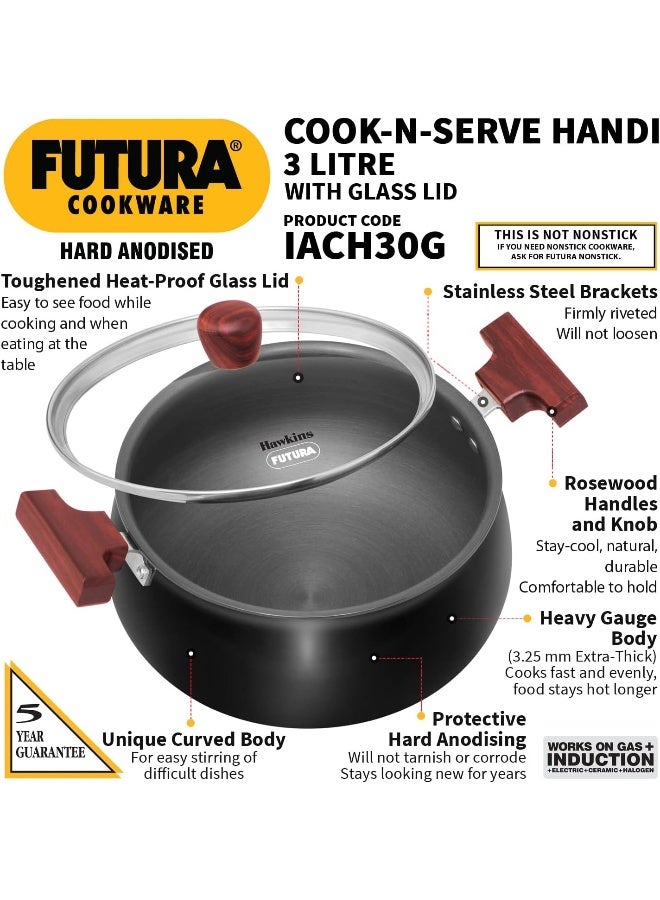 Hawkins Futura 3 Litre Hard Anodised Cook n Serve Handi Cooking Pot / Casserole with Glass Lid for Cooking and Serving, 3.25 mm Thick Base, Wooden handles, Induction Compatible (ACH30G), Black - Image 2