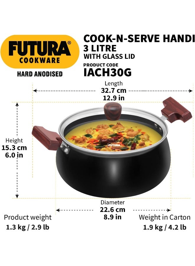 Hawkins Futura 3 Litre Hard Anodised Cook n Serve Handi Cooking Pot / Casserole with Glass Lid for Cooking and Serving, 3.25 mm Thick Base, Wooden handles, Induction Compatible (ACH30G), Black - Image 3
